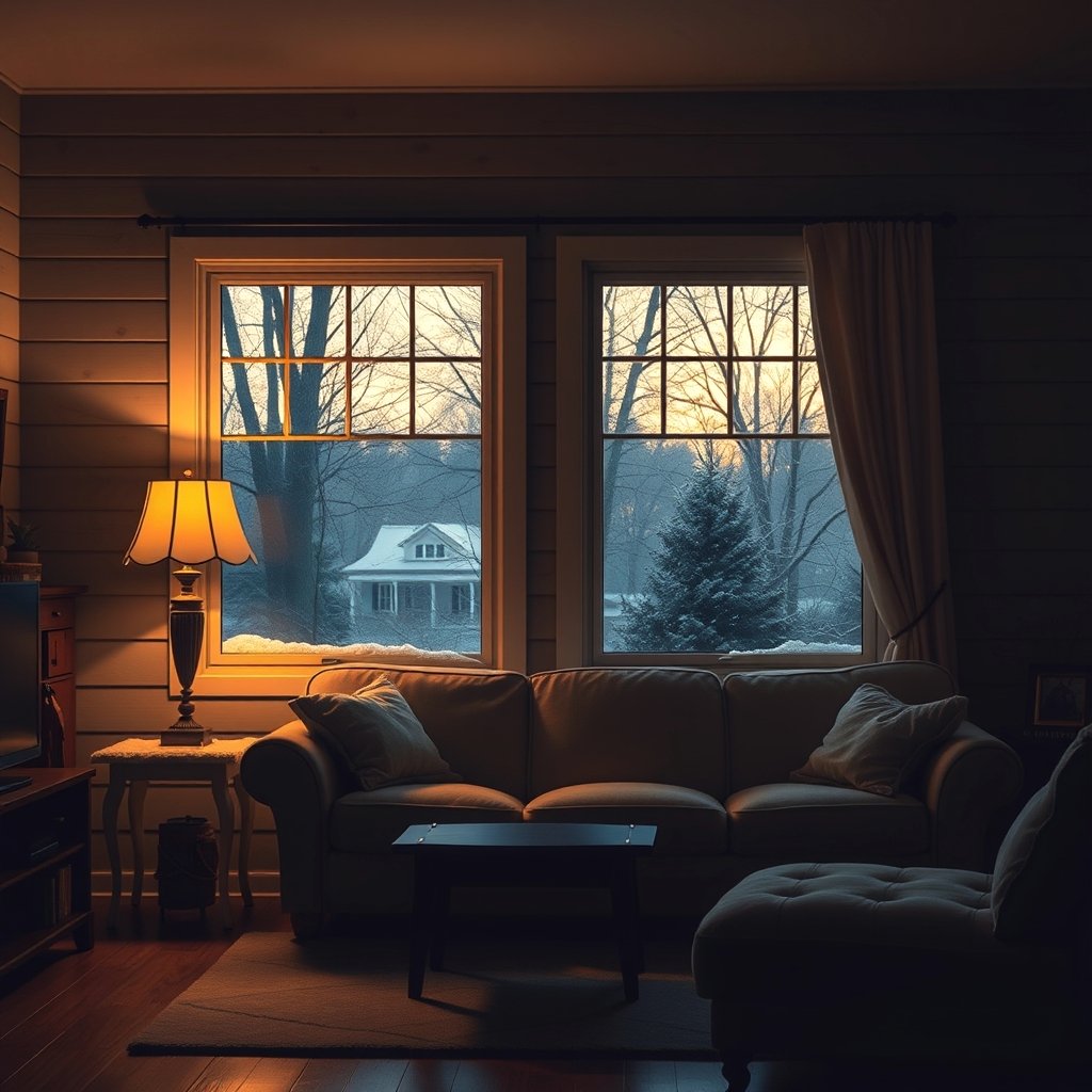 Cozy Milwaukee bungalow living room on a winter evening