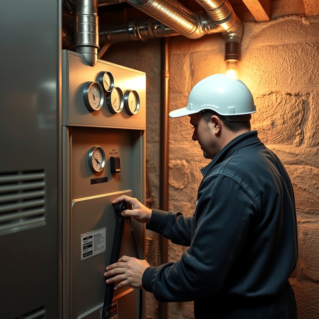 Technician tuning a gas furnace in a Milwaukee bungalow basement