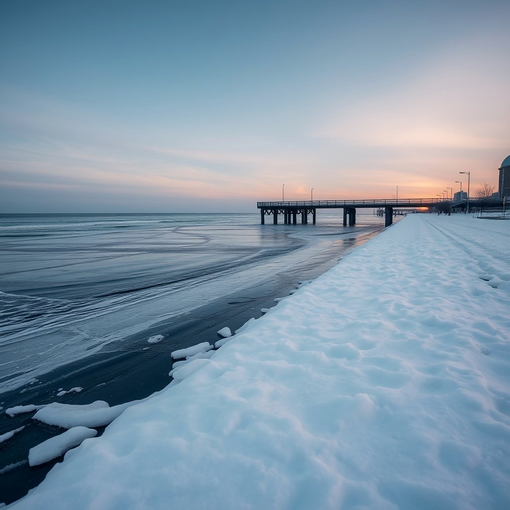 Lake Michigan winter shoreline near Milwaukee — ice and cold blue light