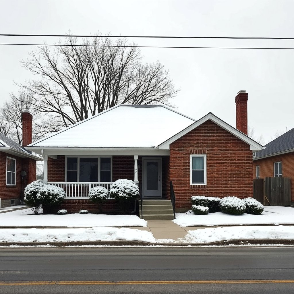 Snow-dusted Milwaukee brick bungalow exterior
