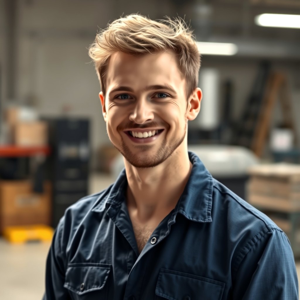 Fictional HVAC technician in a Milwaukee workshop